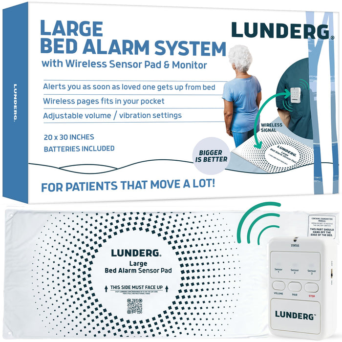 Lunderg Large Bed Alarm for Elderly Adults - Wireless Bed Sensor Pad (20” x 30”) & Pager - Bed Alarm for Elderly Dementia Patients - Bed Alarms and Fall Prevention for Elderly