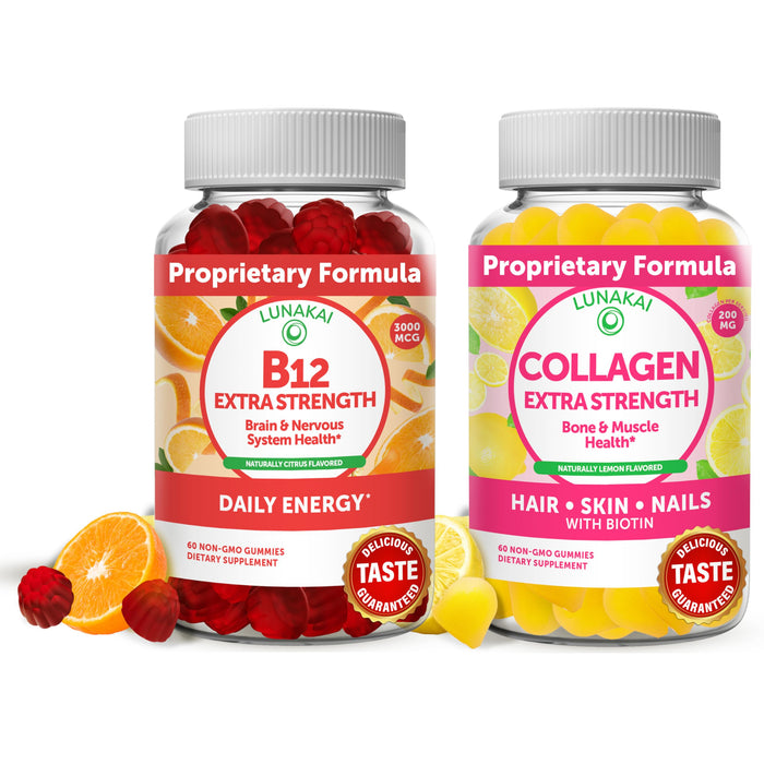 Vitamin B12 and Collagen Gummies Bundle - Non-GMO, Gluten Free, No Corn Syrup, All Natural Supplements- 60 ct Vitamin B12 Gummies and 60 ct Collagen Gummies - 30 Days Supply