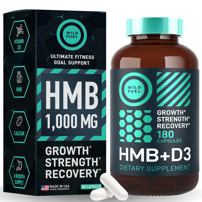 HMB and Vitamin D3 Supplement Capsules - Strength, Performance and Recovery Support - B-Hydroxy B-Methylbutyrate 1,000 MG HMB Supplements with Vitamin D3 and Calcium - 90 Day Servings, 180 Capsules