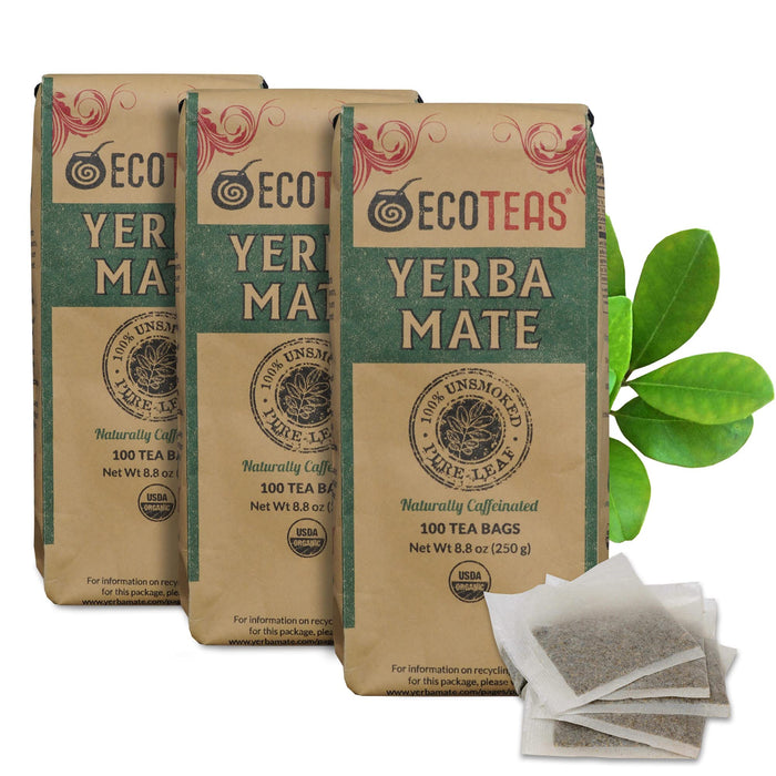 ECOTEAS - Unsmoked Yerba Mate Tea - Yerba Mate Tea Bags - Yerba Mate Tea - Detox Tea - Hi Caf Tea - Organic Tea - Organic Detox Tea - Yerba Mate Unsmoked - Yerba Mate - 100 Tea Bags, 8.8 oz - 3 Pack