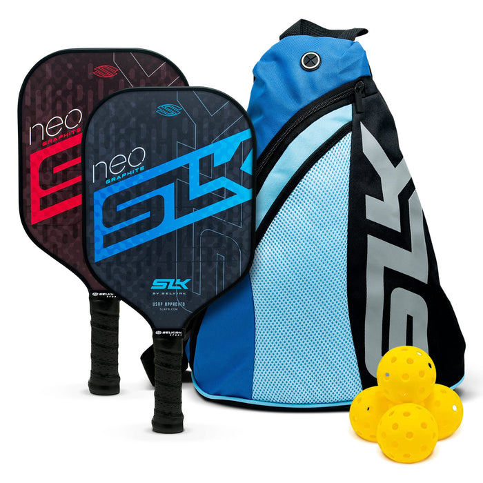 2024 SLK NEO 2.0 by Selkirk Pickleball Paddle Set | Pickleball Set of 2 Pickleball Paddles, 4 Pickleball Balls & Sling Bag | Graphite Face, SpinFlex Textured Surface | Built for Traction & Stability