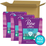 Poise Ultra Thin Incontinence Pads with Wings & Postpartum Incontinence Pads, 3 Drop Light Absorbency, Regular Length, 132 Count (3 Packs 44), Packaging May Vary