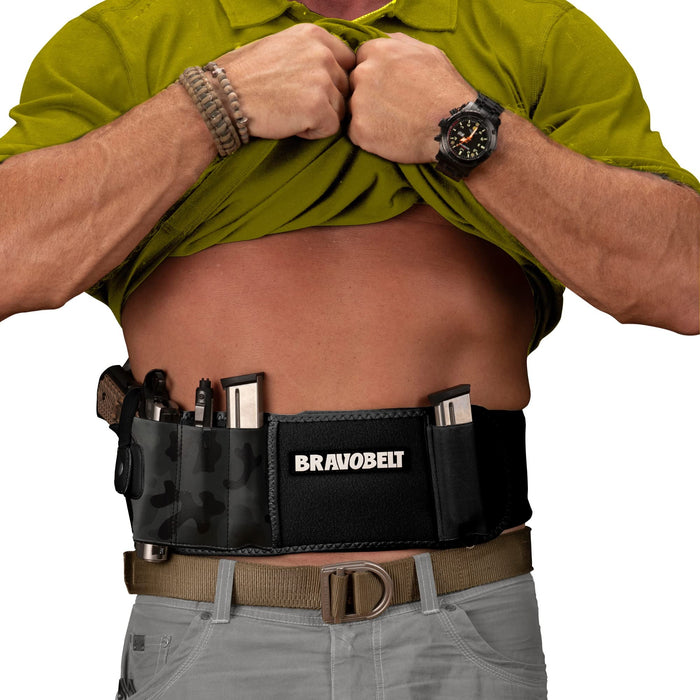 BRAVOBELT Belly Band Holster for Concealed Carry - Athletic Flex FIT for Running, Jogging, Hiking - Glock 17-43 Ruger S&W M&P 40 Shield | for Men & Women (Camo, XL - 45" - 55" Belly)