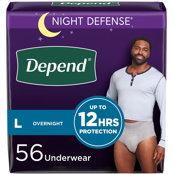 Depend Night Defense Adult Incontinence Underwear for Men, Disposable, Overnight, Large, Grey, 56 Count (4 Packs of 14), Packaging May Vary