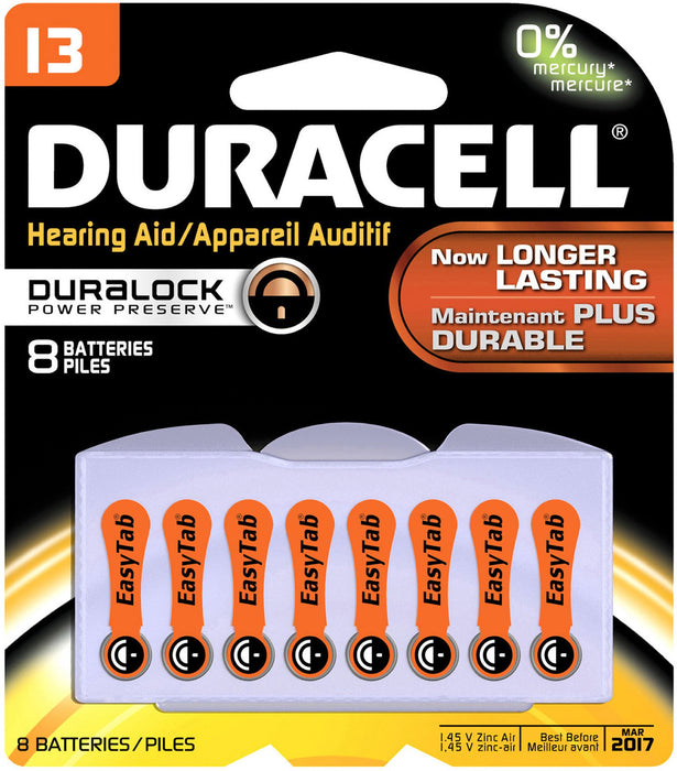 Duracell DA13B8ZM09 Easy Tab Hearing Aid Zinc Air Battery Pack, 13 Size, 1.4V, 300 mAh Capacity (Case of 6 Cards, 8 Unit per Card)