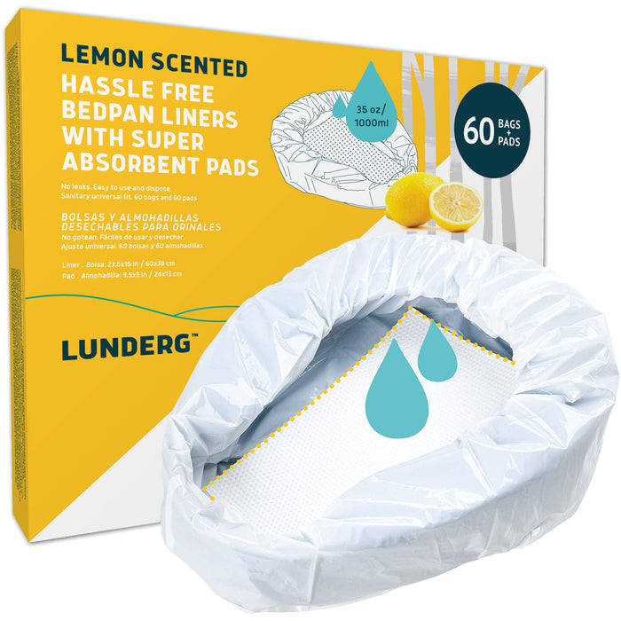 Lunderg Bedpan Liners with Lemon Scented Super Absorbent Pads - Value Pack 60 Count - Medical Grade & Universal Fit - Bed Pans for Females, Elderly Men and Women - Make Life so Much Easier