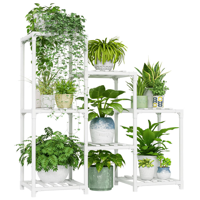 Bamworld Indoor Plant Stand Outdoor White Shelf Bamboo Tiered Table for Multiple Plants 3 Tiers 7 Potted Ladder Holder Pot Window Garden Balcony Living Room