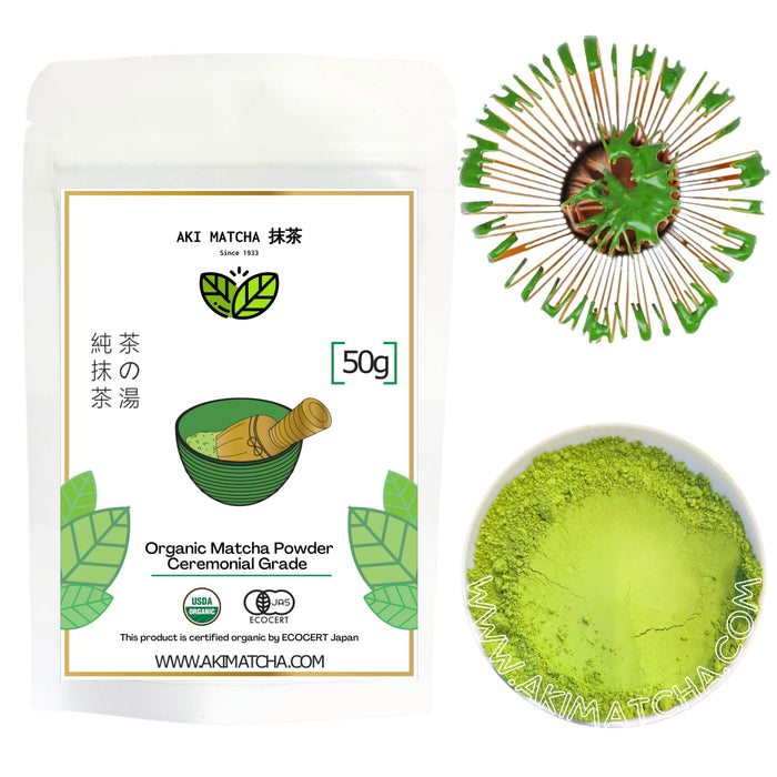 AKI MATCHA - 100% Organic Matcha Ceremonial Grade | Authentic Japanese Spring Harvest Matcha Powder | Made in Japan | USDA, JAS Certified Organic Matcha Green Tea Powder | Detox tea for body cleanse | Umami, bold, rich matcha, with a sweet aftertaste and