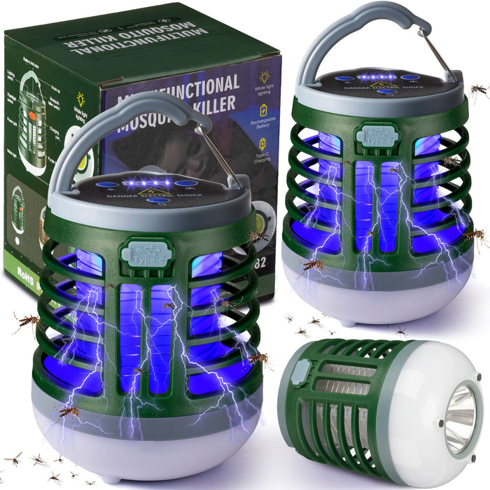 2 Pack 3 in 1 Bug Zapper USB Rechargeable Mosquito Killer Portable Waterproof Mosquito Repellent Outdoor Indoor LED Lantern Bug Zapper Camp Light SOS Emergency Light for Home, Backyard, Patio (Green)