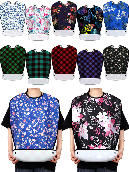 Janmercy 12 Pcs Adult Bibs for Eating Washable Bibs Waterproof Clothing Protector with Optional Crumb Catcher, Reusable Food Bib with Adjustable Snap Closure for Elderly Women Men Disabled, 12 Styles