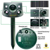 Latest 2024 Expanded Detection Range Solar Animal Repeller - Animal Repellent Outdoor with Automatic Frequencies, 2 Motion Sensors, 8 Stronger LED Lights, 2 Alarms at 360° and USB Cable