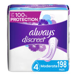 Always Discreet Incontinence Pads for Women and Postpartum Pads, Moderate, 198 CT, up to 100% Bladder Leak Protection