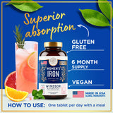 Iron Pills for Women - Iron Supplement for Women with Folic Acid - 6 Month Supply - Anemia, Period, Pregnancy Support Iron Supplements - Ferrous Sulfate, Folate Vitamin B9-180 Vegan Iron Tablets