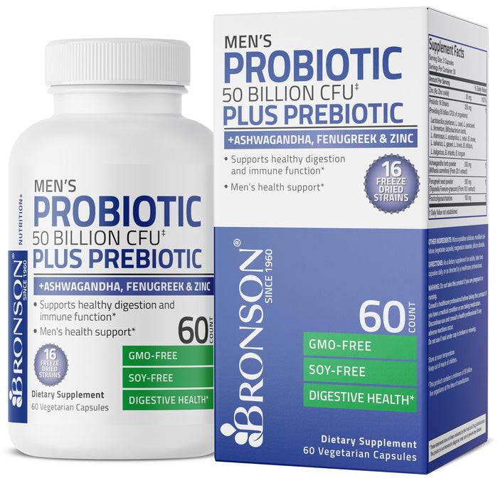 Bronson Men's Probiotic 50 Billion CFU Plus Prebiotic with Ashwagandha, Fenugreek & Zinc, Supports Healthy Digestion & Immune Function Non-GMO, 60 Vegetarian Capsules