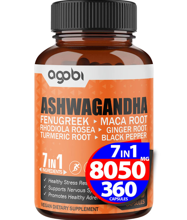 One Year Supply - Ashwagandha Supplement 8050mg - Combined Fenugreek, Maca, Turmeric, Rhodiola, Ginger & Black Pepper - Mood, Strength, Spirit & Energy Support - 360 Capsules