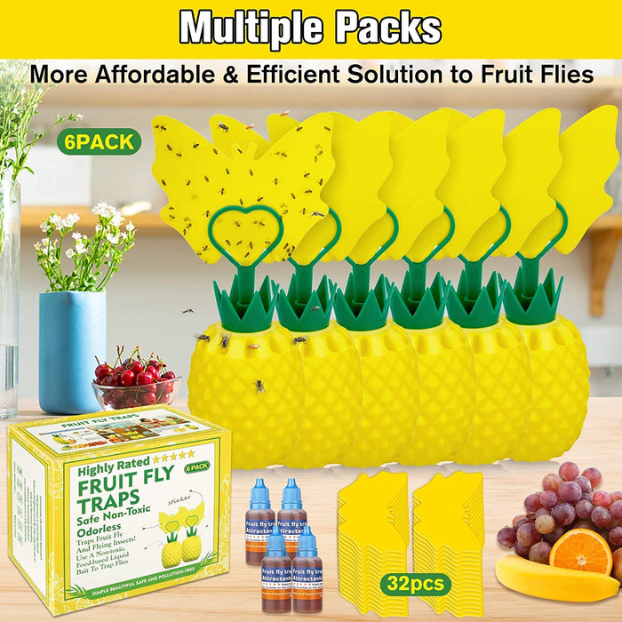 Fruit Fly Trap with Sticker, Upgrade Effective Fly Catcher Gnat Traps for Indoor with Yellow Sticky Pads, Non-Toxic Reusable Gnat Killer Fruit Fly Catcher with Bait for Home, Kitchen, Plant - 6 Pack