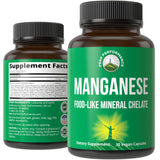 Manganese Supplement Food Like Mineral Chelated For Superior Absorption With Whole Food Blend Of 25+ Fruits & Vegetables. Pure Trace Mineral Capsules For Connective Tissue, Bone Health, Enzyme Support