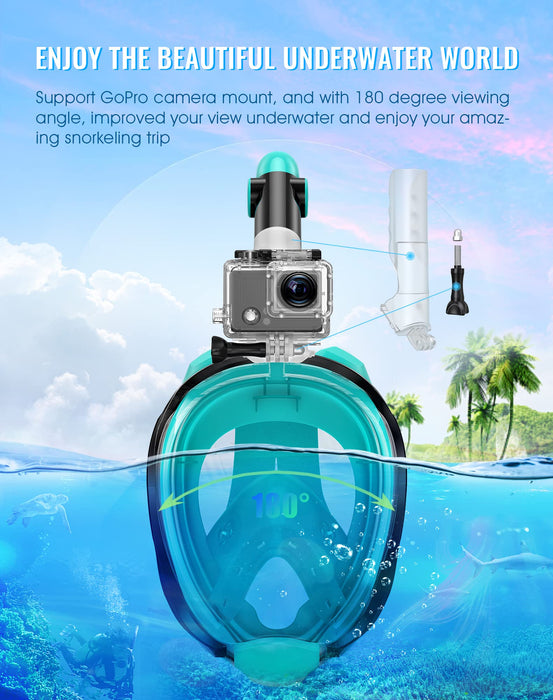 Greatever G2 Full Face Snorkel Mask with Latest Dry Top System,Foldable 180 Degree Panoramic View Snorkeling Mask with Camera Mount,Safe Breathing,Anti-Leak&Anti-Fog