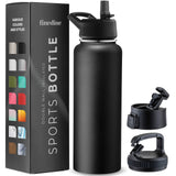 FineDine Insulated Water Bottles with Straw - 40 Oz Stainless Steel Metal Water Bottle W/ 3 Lids - Reusable for Travel, Camping, Bike, Sports - Inky Raven Black