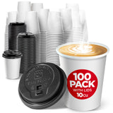 Disposable White Coffee Cups with Lids 10 oz (100 Pack) - To Go Paper Coffee Cups for Hot & Cold Beverages, Coffee, Tea, Hot Chocolate, Water, Juice - Eco Friendly Cups