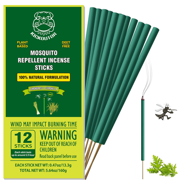 KICKOUTOR Mosquito Repellent Outdoor Patio 12 PCS Natural Citronella Mosquito Incense Sticks DEET Free Mosquito Barrier Repeller for Backyard Travel Camping Indoor Bug Gnat Mosquito Control