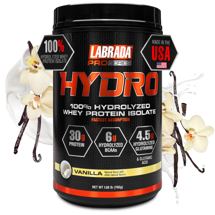 Labrada Hydro 100% Pure Hydrolyzed Whey Protein Isolate Powder, Lactose Free, 6g BCAA’s, 4.5g Glutamine, Fastest Digesting Whey Available, Instant Mixing, Delicious Taste (Vanilla)