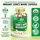 MAJU Organic Lions Mane Mushroom Capsules 90ct, Fruiting Bodies Steam Extract, Organic Mushrooms w/Black Pepper Extract, Hericium Erinaceus