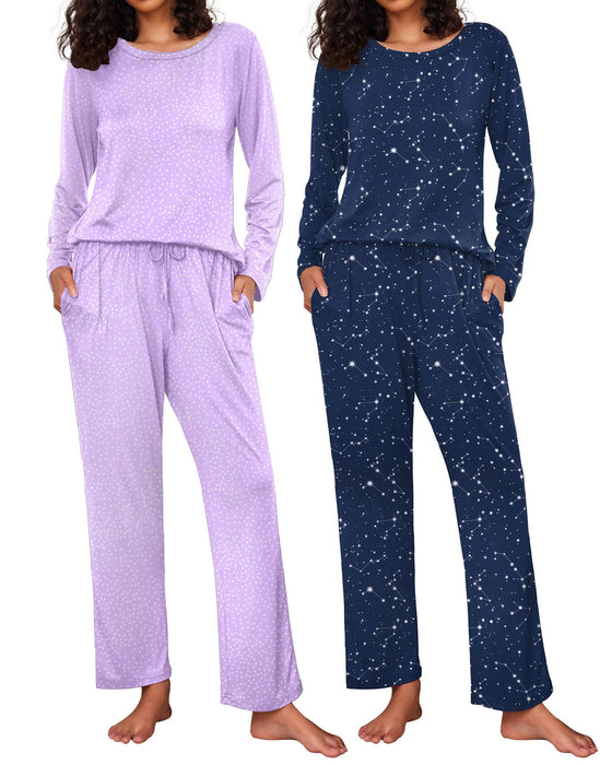 Ekouaer 2 Pack Lounge Wear Polka Dots Pattern Cute Pajamas Set for Elderly Women L