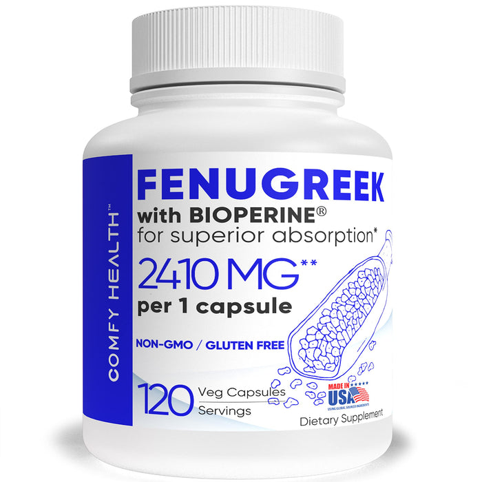 COMFY HEALTH Fenugreek Capsules, 2410mg Per Capsule, 120 Count, Fenugreek Pills with Bioperine for Superior Absorption, Non-GMO, Gluten Free Fenugreek Seeds Extract Supplements, Fenogreco Capsulas