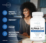 Type Zero Ultra Clean Alpha GPC Choline Supplement (600mg | 90 Capsules) Soy Free, Non-GMO Nootropics Alpha GPC 600mg / 300mg; Alpha-GPC Brain Memory and Focus Supplements