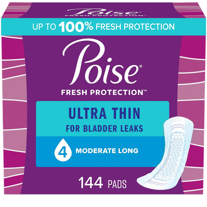 Poise Ultra Thin Incontinence Pads & Postpartum Incontinence Pads, 4 Drop Moderate Absorbency, Long Length, 144 Count (3 Packs of 48), Packaging May Vary