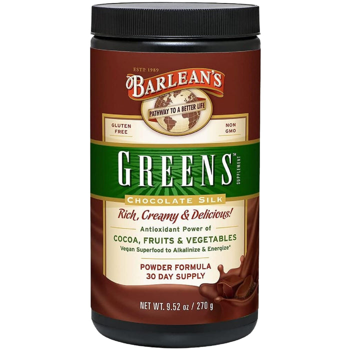 Barlean's Chocolate Greens Powder, Daily Fruits & Veggies Superfood Supplement, Green Antioxidant Blend & Fiber Super Power Smoothie Mix, 9.52 oz