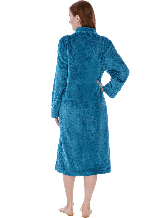 PAVILIA Womens Housecoat Zip Robe, Sherpa Zip Up Front Robe Bathrobe, Fuzzy Warm Zipper House Coat Lounger for Women Ladies Elderly with Pockets, Fluffy Fleece Long - Teal Sea Blue (Small/Medium)