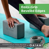 Gaiam Yoga Block 2 Pack & Yoga Strap Combo Set - Yoga Blocks with Strap, Pilates & Yoga Props to Help Extend & Deepen Stretches, Yoga Kit for Stability, Balance & Optimal Alignment - Grey