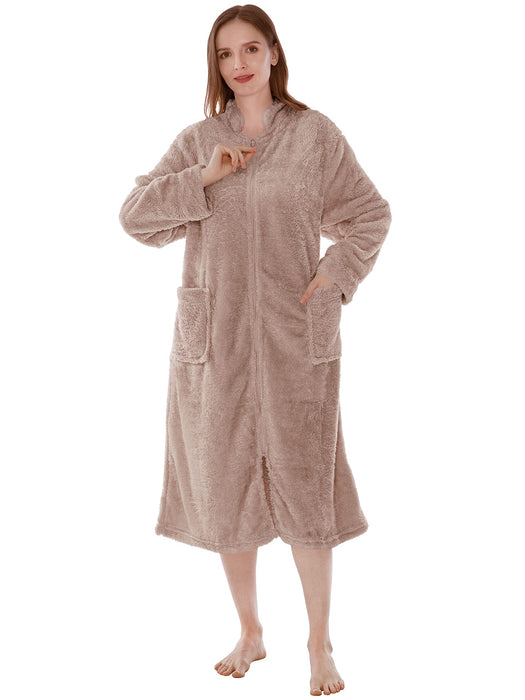 PAVILIA Womens Housecoat Zip Robe, Sherpa Zip Up Front Robe Bathrobe, Fuzzy Warm Zipper House Coat Lounger for Women Ladies Elderly with Pockets, Fluffy Fleece Long - Beige Taupe (Large/X-Large)