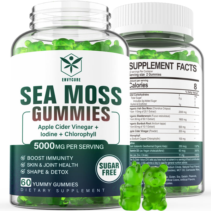 Sugar-Free Sea Moss Iodine Gummies 5000mg, Extra Strength Irish Moss Gel Supplement with Chlorophyll, Unfiltered ACV, D3, Burdock Root, Bladderwrack for Immune, Digestive, Joint, Skin, Vegan 60 Chews