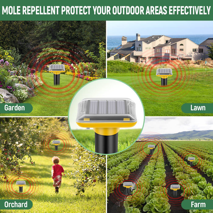 Solar Mole Repellent Ultrasonic,2024 Newest Mole Vole Gopher Repellent Outdoor Solar Powered,Waterproof Mole Killer Traps for Yard, Effectively Repels Garden and Yard Voles,Snakes,Gophers (Yellow-2pc)