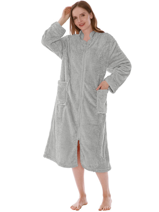 PAVILIA Womens Housecoat Zip Robe, Sherpa Zip Up Front Robe Bathrobe, Fuzzy Warm Zipper House Coat Lounger for Women Ladies Elderly with Pockets, Fluffy Fleece Long - Light Gray (Small/Medium)