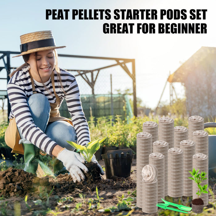 Wesiti 200 Pcs 50mm Peat Pellets Seed Starter Soil Pods Plugs Compressed Peat Nutrient Seed Starting Pods Bulk for Garden Planting Herb Flower Vegetables with 200 Plant Labels and 4 Garden Tools