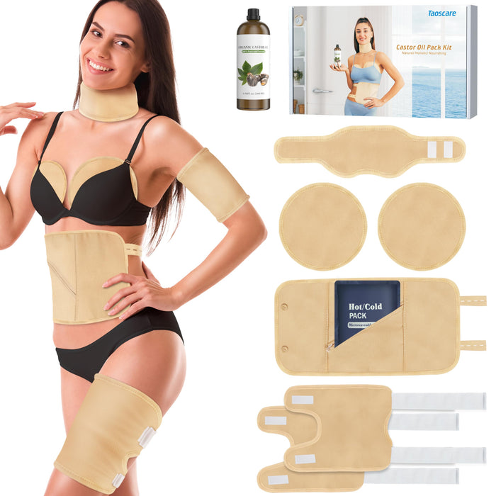 Taoscare Castor Oil Pack Wrap with Castor Oil Cold Pressed 6.8oz, Gifts for Women, 8 Pack Reusable Organic Cotton Castrol Oil Compressors for Body Liver Detox Constipation Inflammation