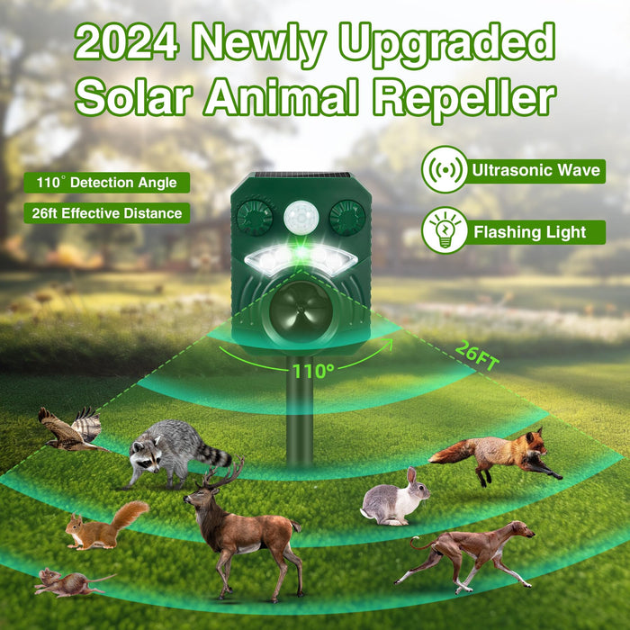 2024 Upgraded Ultrasonic Animal Repellent Cat Repellent Outdoor Solar Animal Repeller with Motion Sensor Flashing Light Skunk Repellent for Yard to Scare Away Deer Dog Raccoon Squirrel Coyote,2 Pack