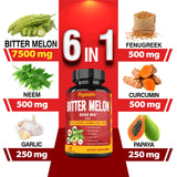 9500mg Organic Bitter Melon Extract Capsules - 60 Pills 2 Month - Combined Neem, Fenugreek, Curcumin, Garlic & Papaya