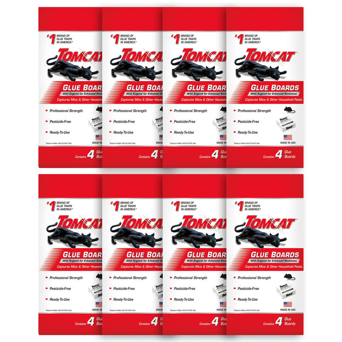 Tomcat Glue Boards with Immediate Grip Glue for Mice, Cockroaches, and Insects, Ready-to-Use, 8-Pack (32 Glue Boards)