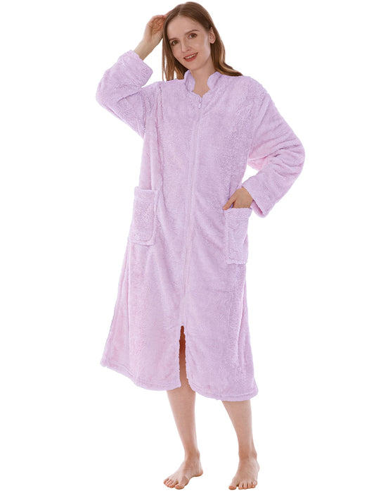 PAVILIA Womens Housecoat Zip Robe, Sherpa Zip Up Front Robe Bathrobe, Fuzzy Warm Zipper House Coat Lounger for Women Ladies Elderly with Pockets, Fluffy Fleece Long - Lavender Purple (Small/Medium)