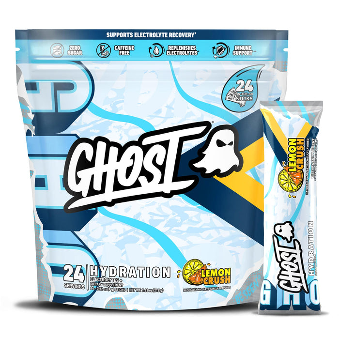 GHOST Hydration Packets, Lemon Crush, 24 Sticks, Electrolyte Powder - Drink Mix Supplement with Magnesium, Potassium, Calcium, Vitamin C - Vegan Friendly, Free of Soy, Sugar & Gluten