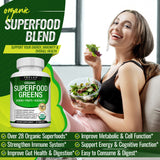 Organic Super Greens Capsules Superfood Fruit Veggie Supplement - 28 Powerful Natural Ingredients with Alfalfa, Beet Root, Tart Cherry & Ginger for Immune & Energy Support, for Men Women, 60 Tablets