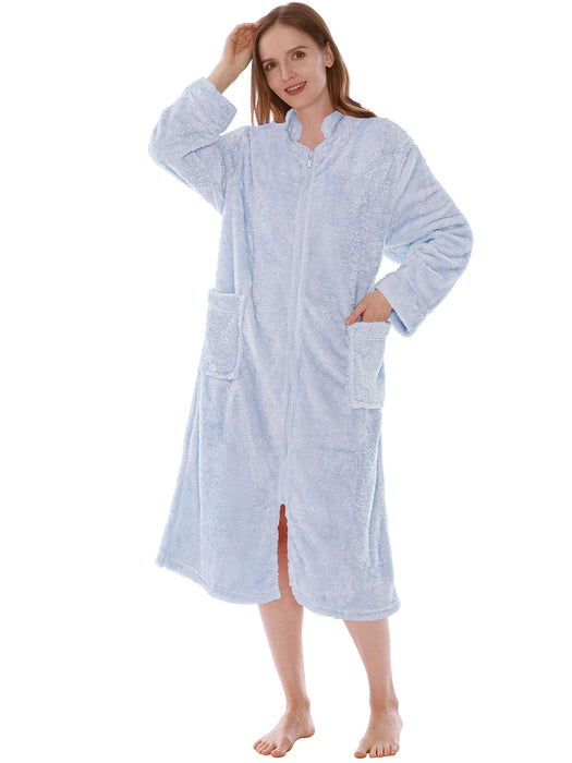 PAVILIA Womens Housecoat Zip Robe, Sherpa Zip Up Front Robe Bathrobe, Fuzzy Warm Zipper House Coat Lounger for Women Ladies Elderly with Pockets, Fluffy Fleece Long - Light Blue (Small/Medium)