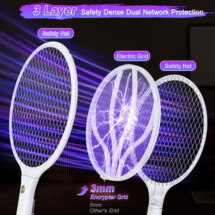 Electric Fly Swatter Racket 3000V Bug Zapper 2 in 1 Mosquito Zapper USB Rechargeable, 1200mAh Mosquitoes Killer Lamp & Fly Zapper with 3 Layer Safety Mesh for Home, Bedroom, Kitchen, Patio (2 Pack)