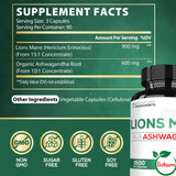 Premium Lions Mane Supplement Capsules with Ashwagandha Root - 270 Capsules - High Concentrated for Restful Mind, Brain Health, Immune System & Focus Support - Gluten-Free, Non-GMO
