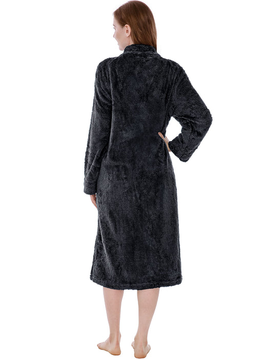 PAVILIA Womens Housecoat Zip Robe, Sherpa Zip Up Front Robe Bathrobe, Fuzzy Warm Zipper House Coat Lounger for Women Ladies Elderly with Pockets, Fluffy Fleece Long - Black (Large/X-Large)